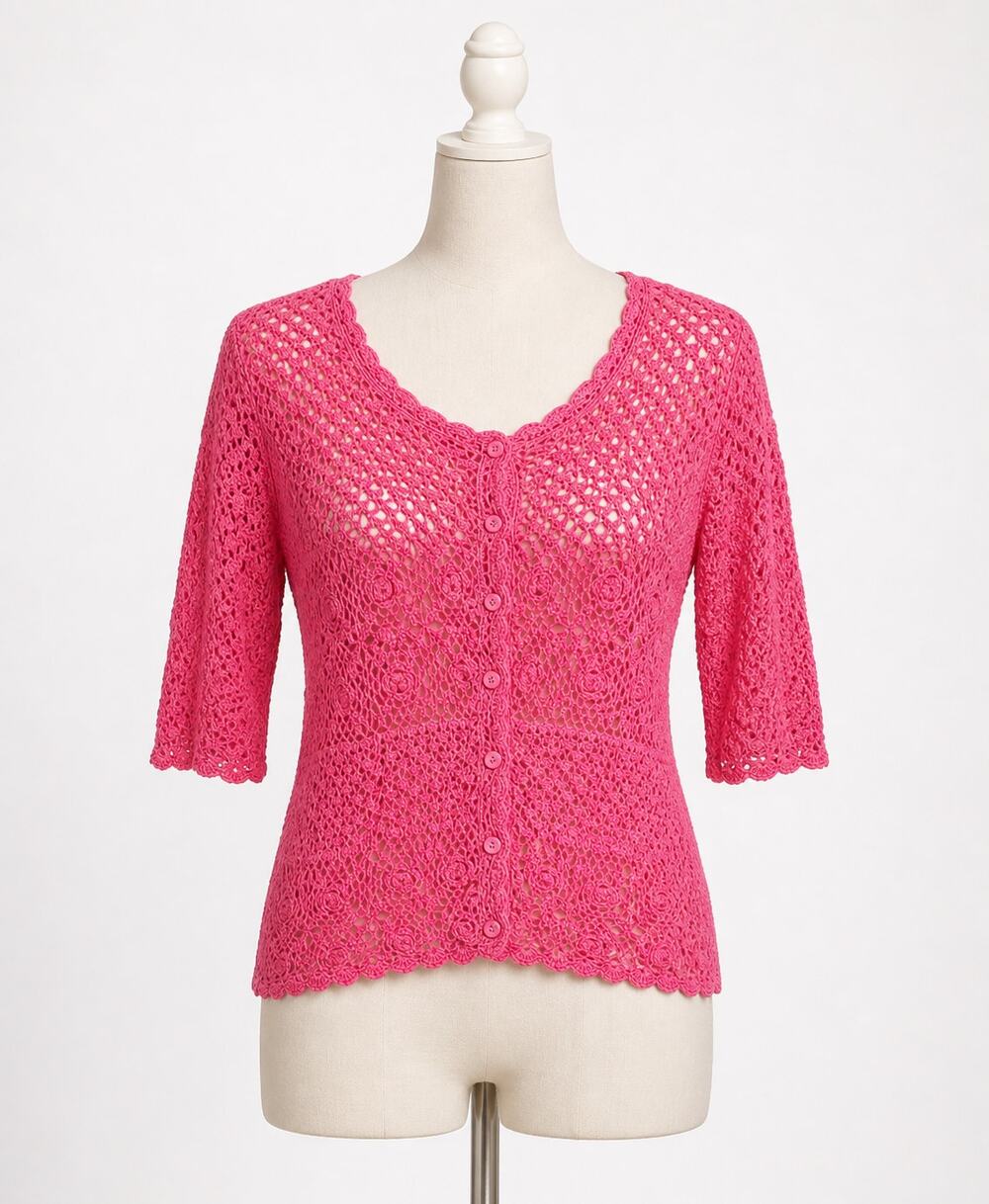 Knit Pink Cardigan Crochet Short Sleeve Lace Delicate
